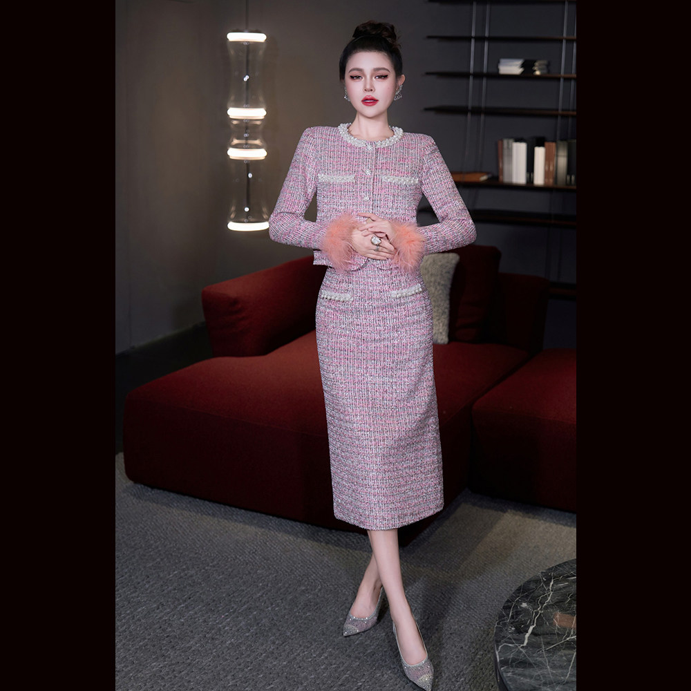 Women's Suit 高级感重工珍珠链装饰轻奢小香风套装半裙套装修身