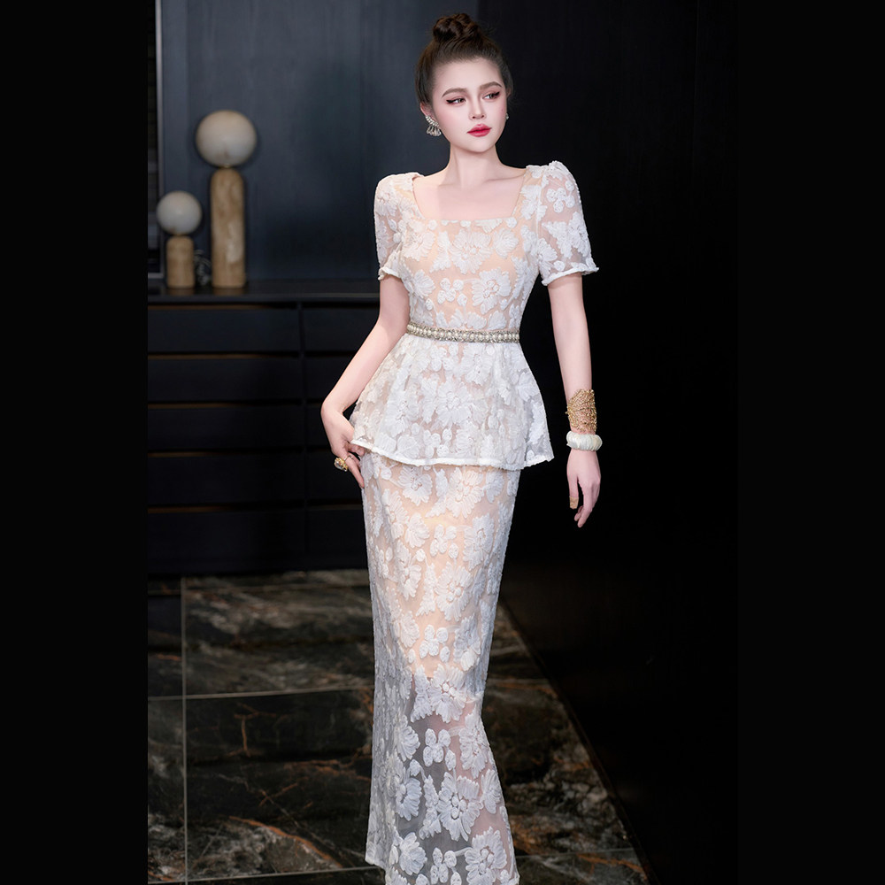 2026春夏新款假两件方领短袖钉钻收腰连衣裙气质时尚法式名媛