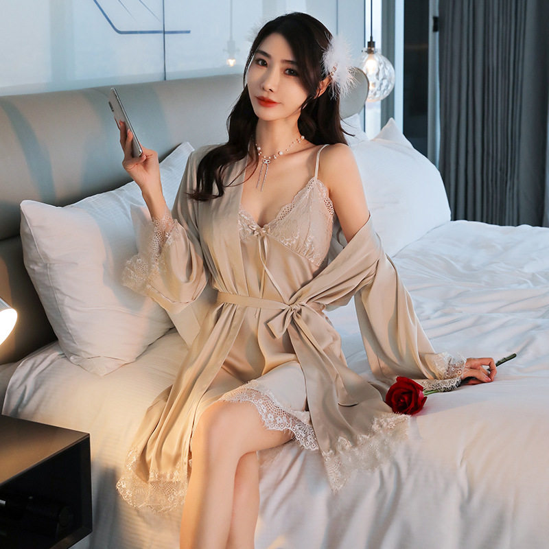 春款系腰带开衫睡袍两件套 吊带睡衣女套装女士性感时尚睡衣
