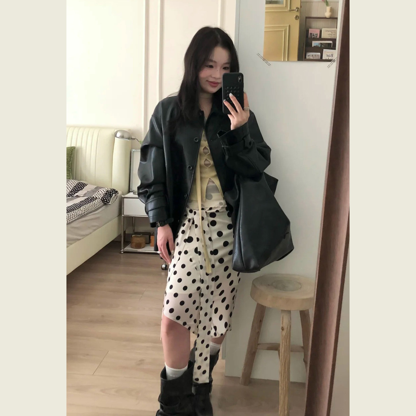 黑色翻领廓形皮衣外套女春秋季新款小个子简约宽松百搭休闲上衣