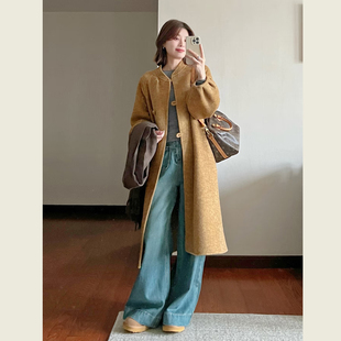 复古秋叶黄灯笼袖毛呢外套女秋冬高级感慵懒风宽松绝美呢子大衣