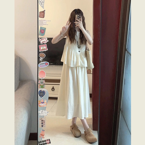 新中式假两件圆领无袖背心连衣裙
