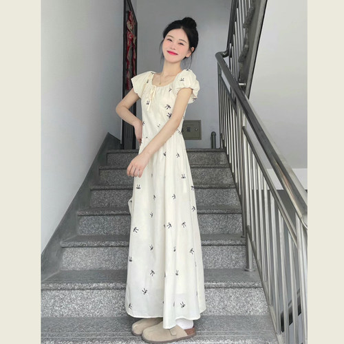 法式方领蝴蝶结印花绑带连衣裙