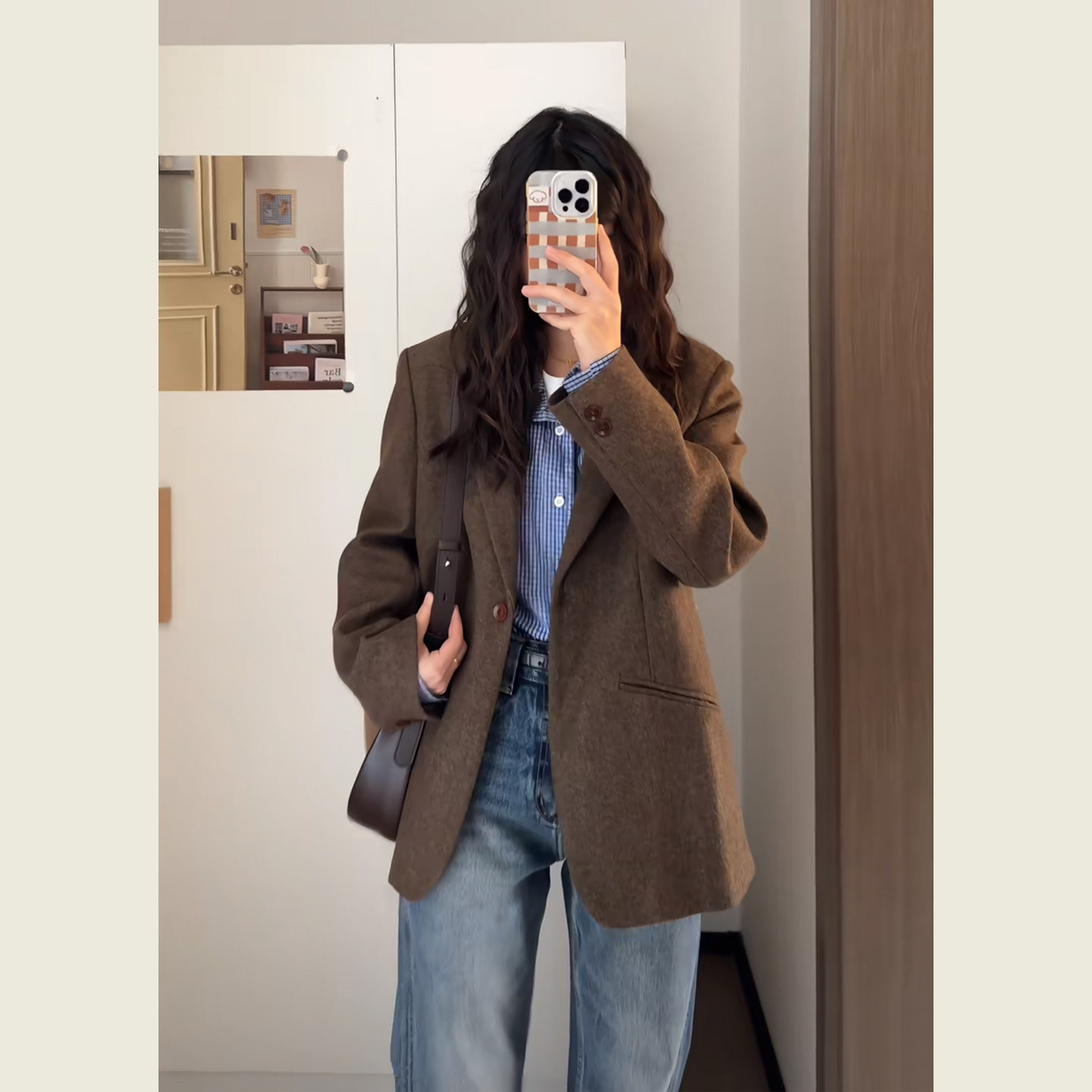 韩系英伦风棕色毛呢西装外套女秋冬简约通勤宽松显瘦呢子西服上衣
