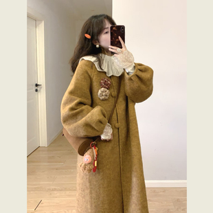 韩系设计感灯笼袖毛呢外套女秋冬季秋叶黄简约立领中长款呢子大衣
