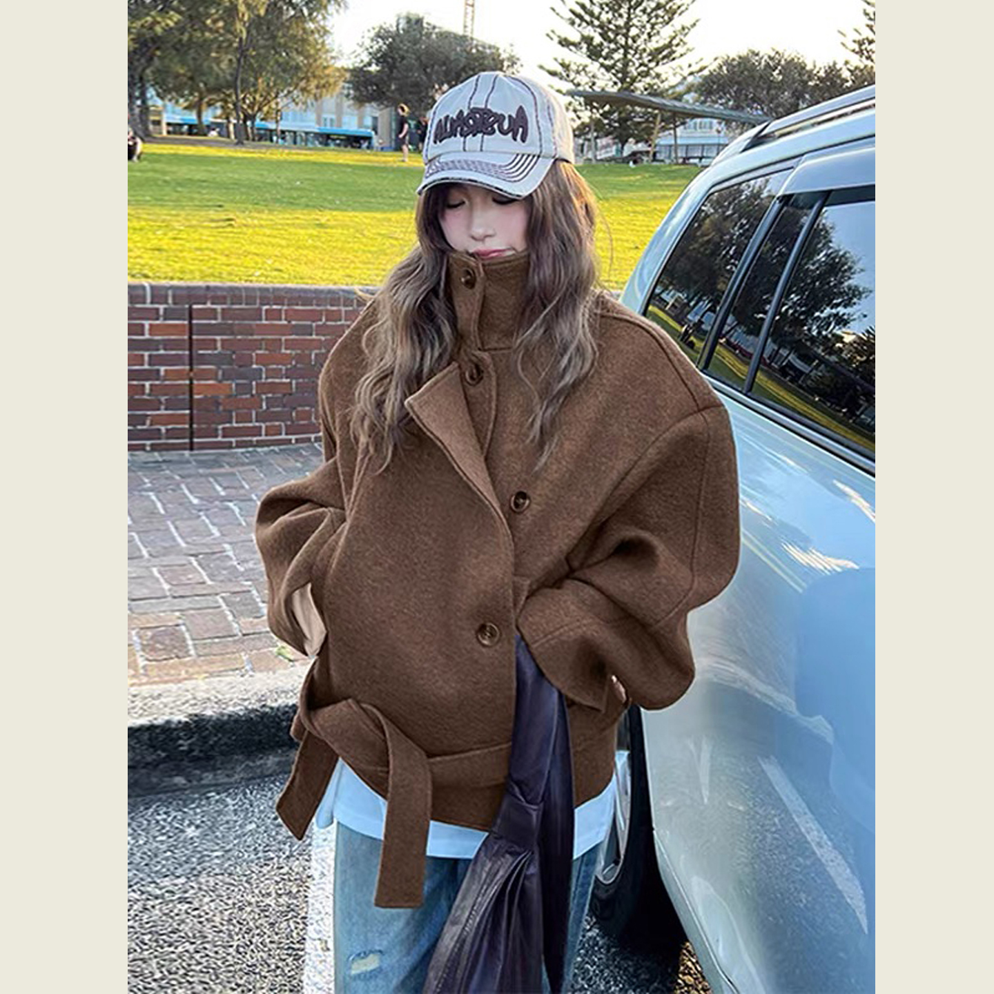 韩版复古棕色立领呢子大衣女秋冬季小个子宽松系带百搭毛呢外套