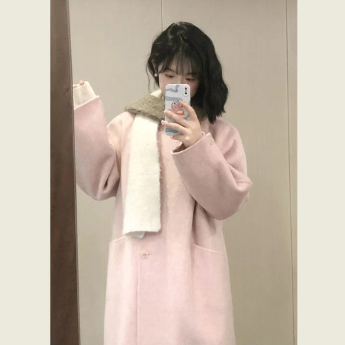 粉色斜扣设计宽松显瘦毛呢外套