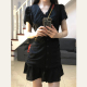V领鱼尾裙小黑裙 小个子泡泡袖 清仓 黑色收腰显瘦连衣裙女夏季