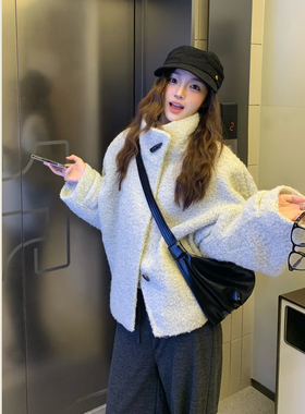 慵懒白色立领短款毛呢外套女秋冬季韩系高级感气质百搭呢子大衣