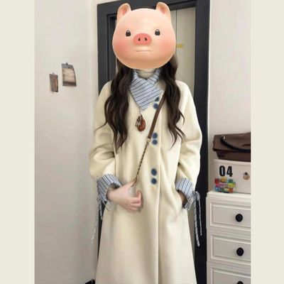 白色翻领条纹拼接毛呢外套