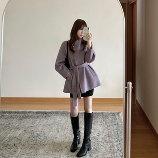 淑女风紫色立领毛呢外套女秋冬季小个子腰带收腰显瘦中长款大衣
