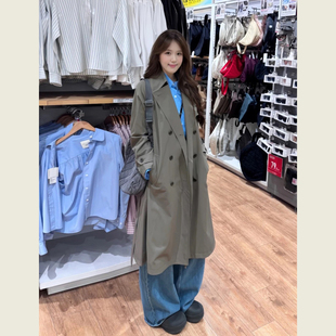 通勤风深橄榄色双排扣风衣女春秋季新款韩系赫本风中长款宽松外套