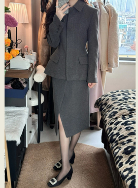 韩系灰色毛呢西装套装裙女秋冬新款收腰西服外套开叉半身裙两件套