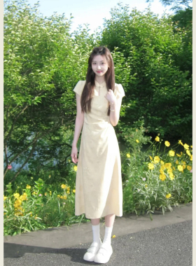 度假风黄色立领盘扣改良旗袍裙女夏季新中式收腰显瘦短袖连衣裙