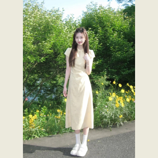 度假风黄色立领盘扣改良旗袍裙女夏季新中式收腰显瘦短袖连衣裙
