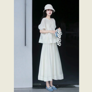 温柔风高级感宽松显瘦压褶设计感上衣半身长裙两件套套装 女夏季