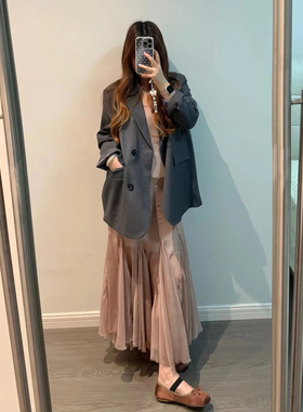 韩系高级感灰色翻领西装外套女春秋季新款小众设计感休闲西服上衣