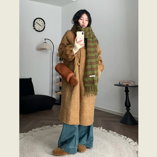 复古秋叶黄灯笼袖毛呢外套女秋冬季新款慵懒风宽松显瘦呢子大衣