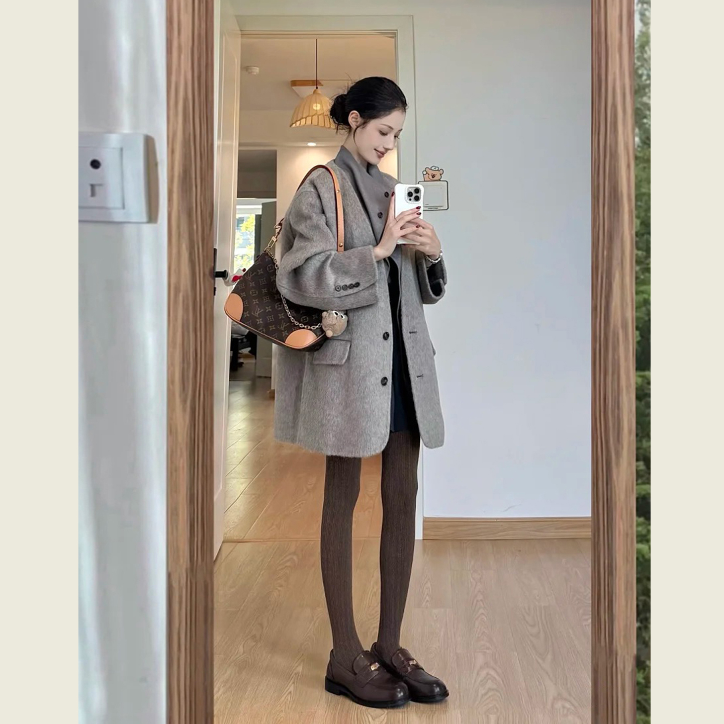 复古灰色立领假两件毛呢外套