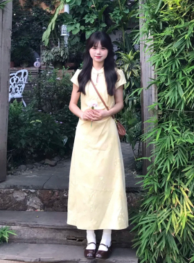 新中式国风黄色碎花改良旗袍连衣裙女夏季温柔风收腰显瘦气质长裙
