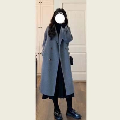 小个子双排扣中长款宽松毛呢外套
