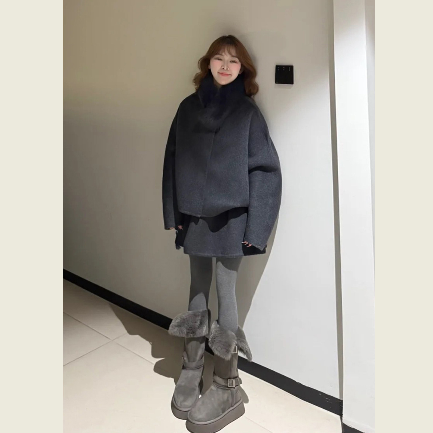 韩系赫本风灰色毛呢套装