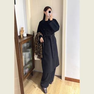 黑色系带中长款毛呢外套女秋冬季简约通勤风气质收腰显瘦呢子大衣