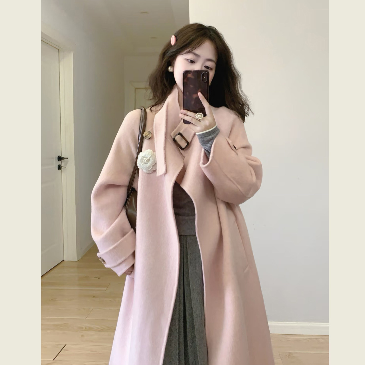 温柔风粉色系带立领毛呢外套