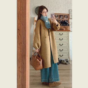 复古秋叶黄灯笼袖毛呢外套女秋冬季韩系小个子中长款显瘦呢子大衣