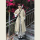 大衣 韩系小个子中长款 简约拼接条纹袖 廓形卡其色风衣外套女春秋季
