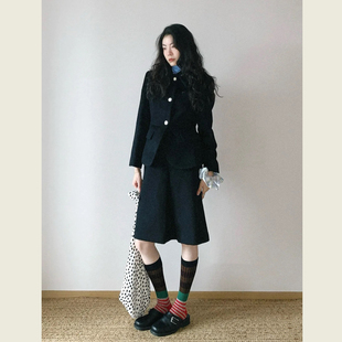 韩系赫本风黑色毛呢套装女秋冬季小个子毛呢外套高腰半身裙两件套