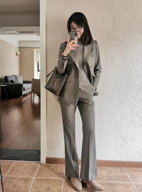 职业通勤显瘦灰色套装女春秋季干练简约商务办公西服裤子两件套