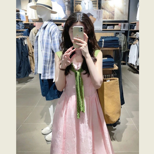 甜美少女风粉色圆领无袖连衣裙女夏季温柔风气质减龄收腰A字长裙