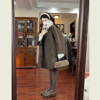 复古老钱风咖色中长款呢子大衣