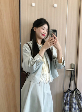 韩系蓝色翻领夹克套装女春秋季休闲少女感外套高腰半身裙两件套