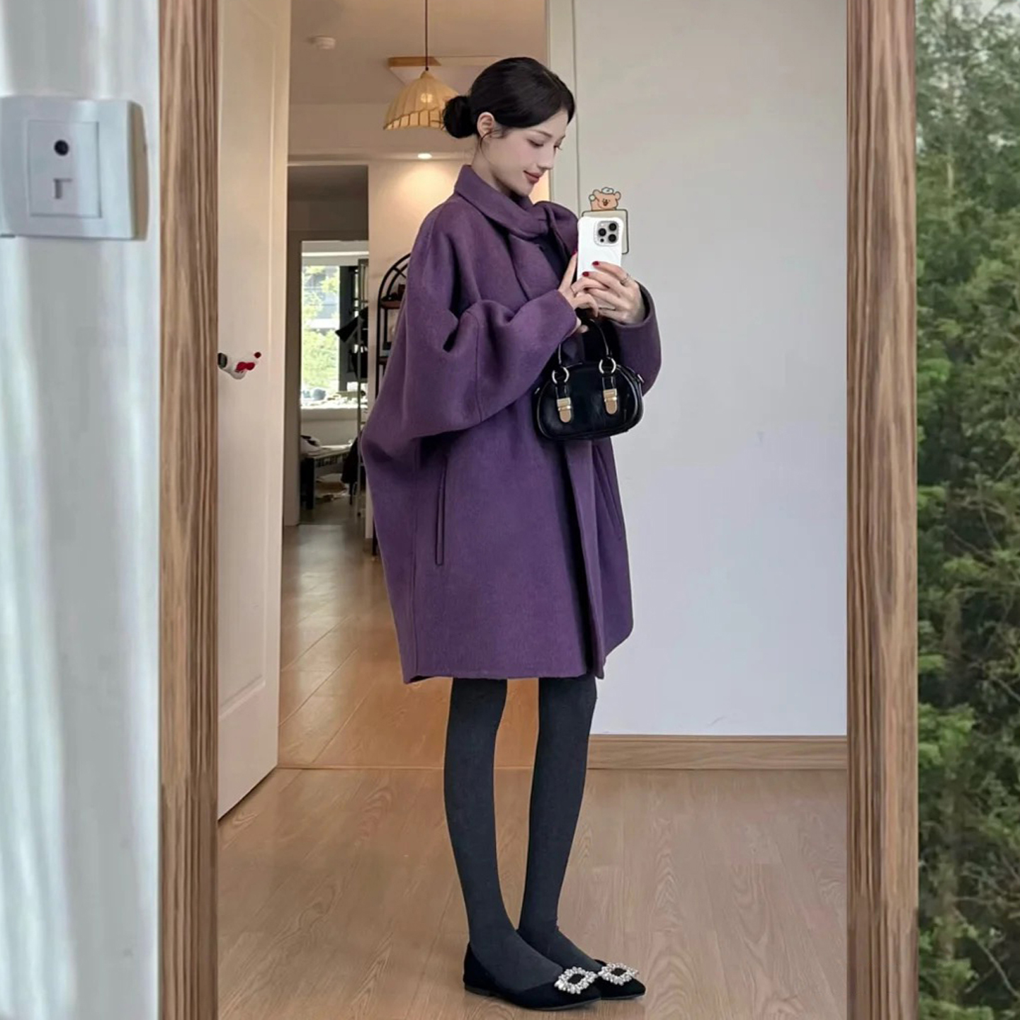 温柔风减龄紫色系带领呢子大衣