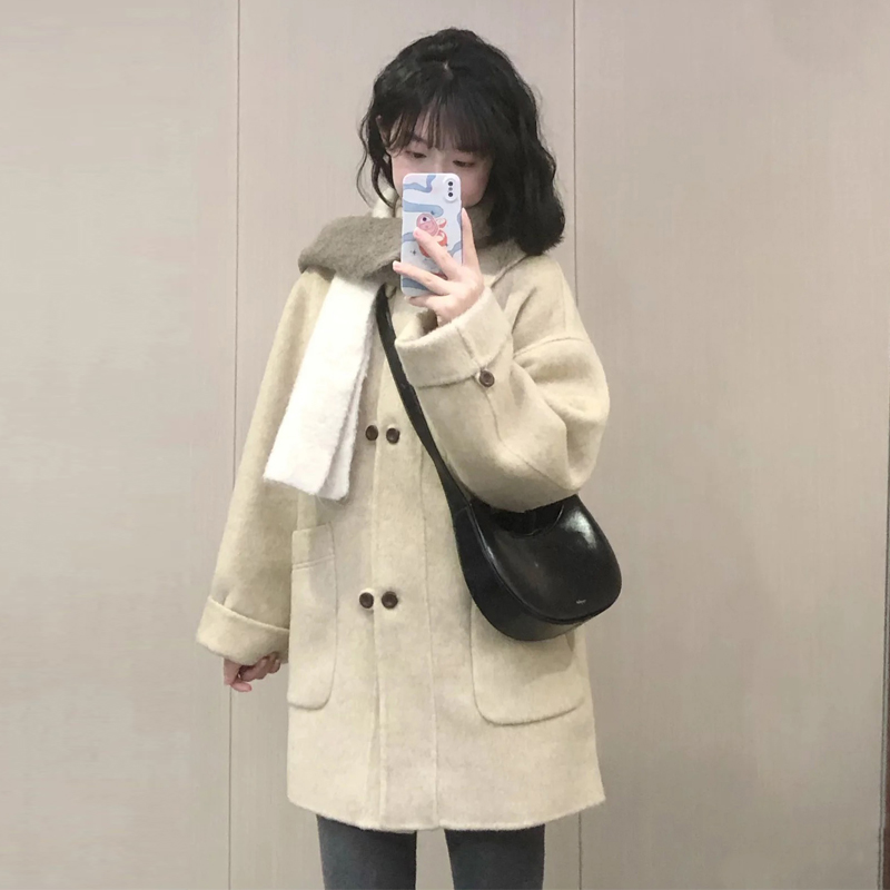 韩系高级感杏色毛呢外套女秋冬季新款小个子双排扣中长款呢子大衣