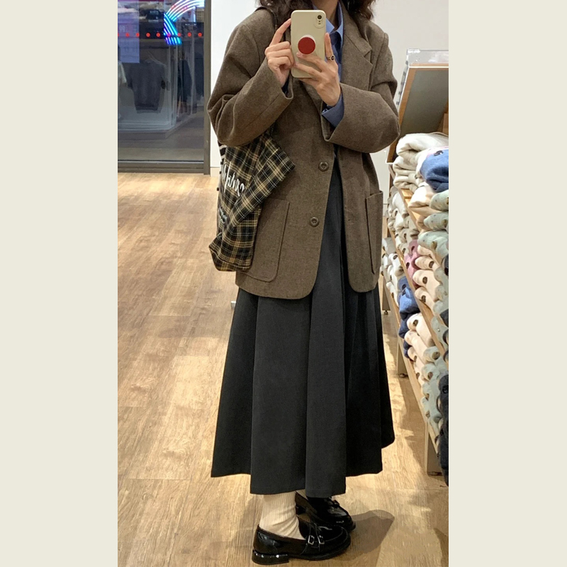 韩版复古高级感咖色毛呢外套女秋冬季小个子宽松休闲西装呢子大衣