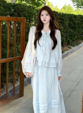 韩系温柔风穿搭套装女夏季新款减龄蓝色系带衬衫高腰半身裙两件套