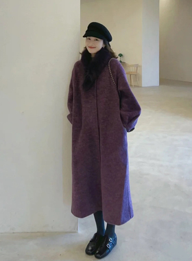 韩版高级感气质紫色毛呢外套女秋冬新款设计感宽松直筒慵懒风大衣