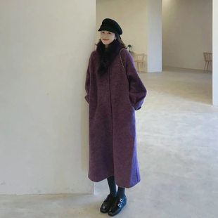 韩版高级感气质紫色毛呢外套女秋冬新款设计感宽松直筒慵懒风大衣