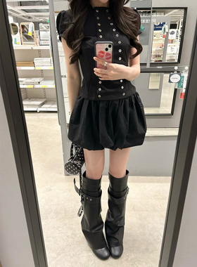 韩系辣妹风黑色套装女夏季双排扣收腰衬衫高腰花苞短裙裤两件套