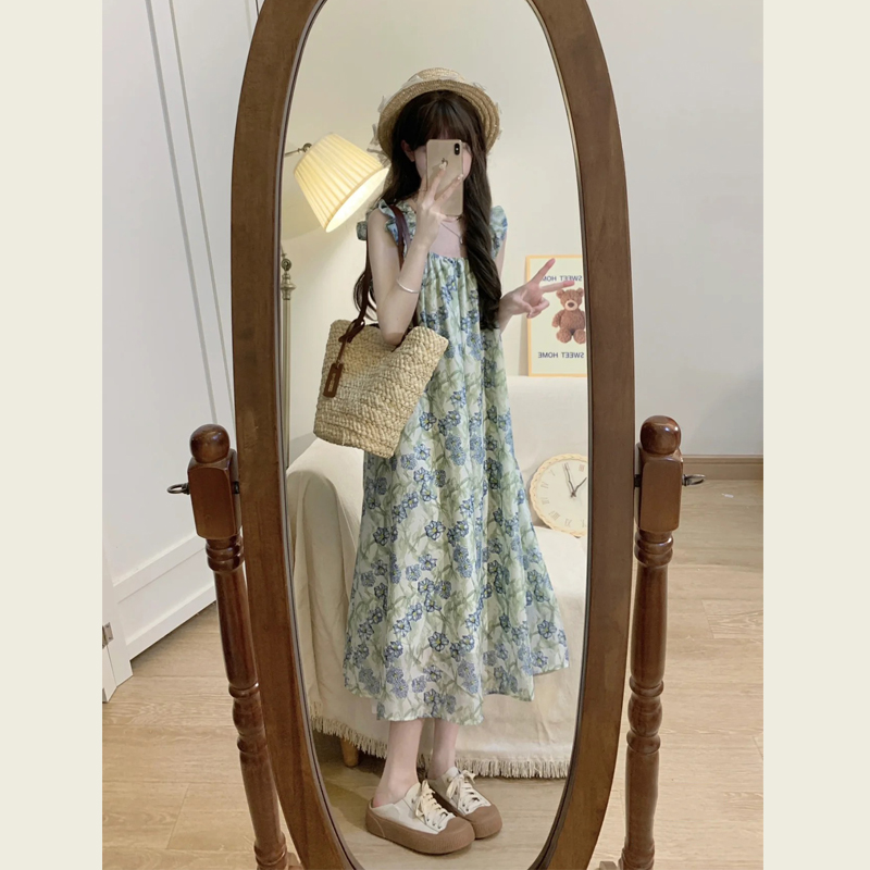 小飞袖设计感露背度假风出游吊带海边连衣裙女夏季高级感碎花长裙