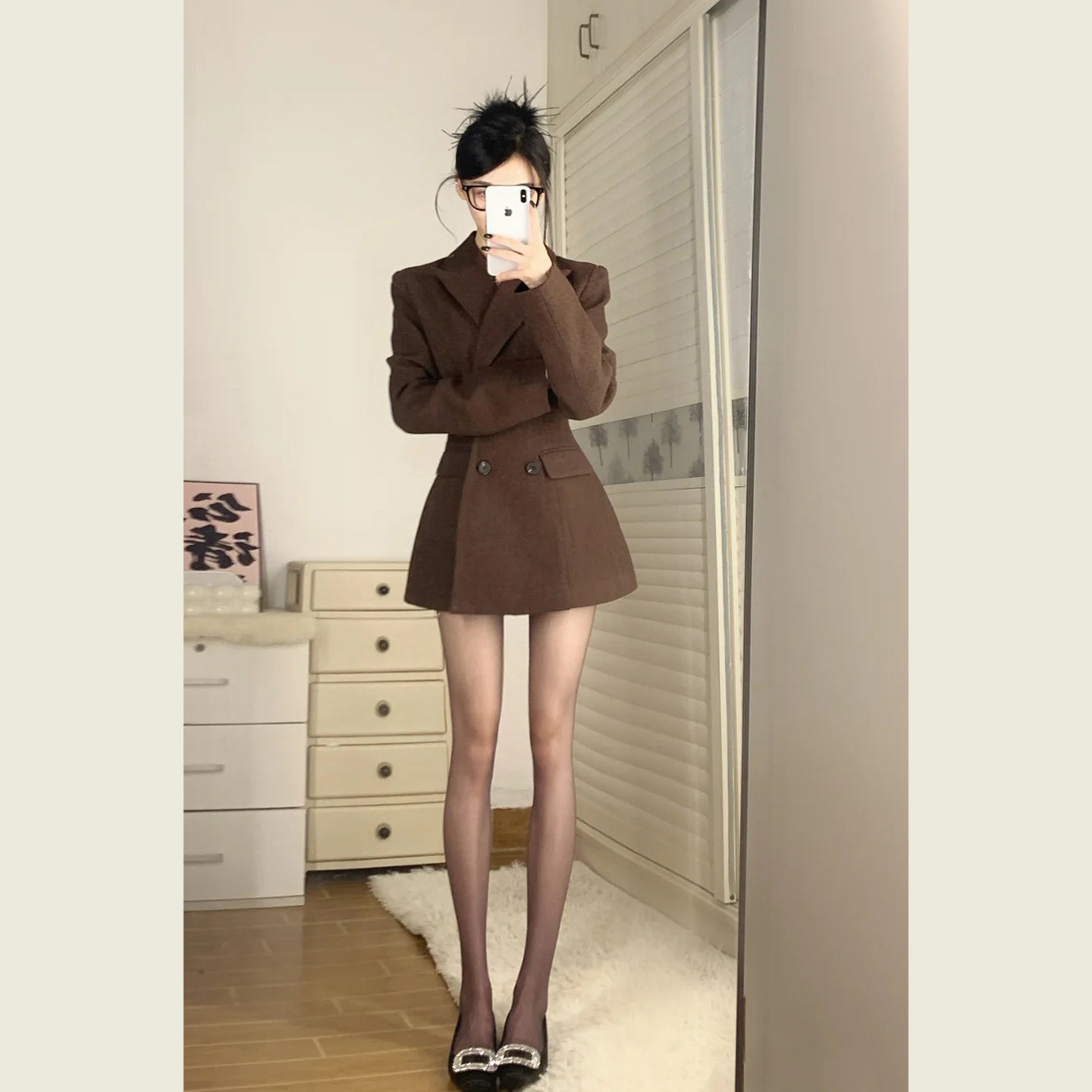 极简通勤风棕色双排扣西装外套女春秋季收腰修身轻熟风职场正装