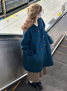 蓝色翻领双排扣毛呢外套女秋冬季气质休闲显瘦减龄中长款呢子大衣