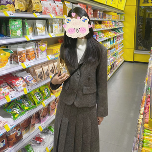 英伦学院风毛呢套装女秋冬韩系复古呢子灰棕色短外套半身裙两件套