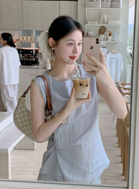 法式温柔风蓝色时尚休闲套装女夏季收腰扭结上衣高腰半身裙两件套