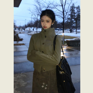 复古芦灰色立领休闲夹克外套女春秋季小个子修身显瘦短款上衣