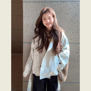 小个子米色短款休闲百搭风衣女春秋季新款韩系英伦风立领收腰外套