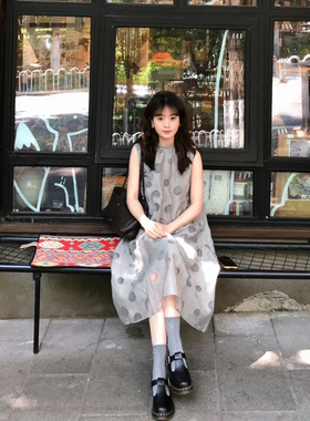 复古灰色波点圆领无袖背心长裙女夏季小个子休闲宽松文艺蛋糕裙